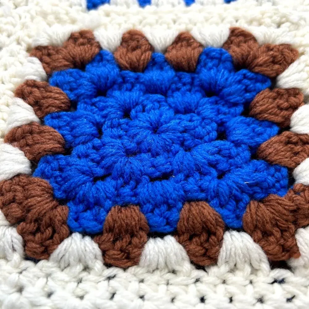 SKU2458 Handmade Crochet Granny Square Afghan Throw Blanket Blue  Ivory 93x58